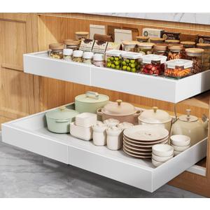 2 Pack Pull Out Cabinet Organizers 21" Deep With Raising Pad for Framed Cabinets, Expandable Width (15.2"-26.3") Slide Out Drawers Upgrade 3 Slide Rails, Roll Out Shelves Adhesive, White