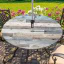 Round Outdoor Tablecloth with Umbrella Hole and Zipper Wood Texture Elastic Table Cover Waterproof Outdoor Table Cloth for Patio Picnic Camping Fits 44-48" Diameter Round Tables