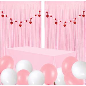 Valentines Day Decorations - 2 Pack Pastel Pink Curtain Party Backdrop, 2pcs Red Pink White Garland with Red Heart Hangings, 10pcs 12inch Ballons and 1pc Tablecloth for Mantle Fireplace Room