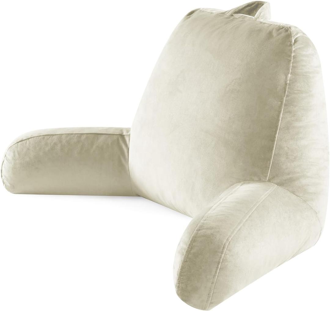 Reading Pillow for Sitting in Bed Adult, Reading Pillow with Shredded Memory Foam, Bed Pillow with Washable Cover, Back Pillow Sitting Up with Extend Arms, Beige, Large