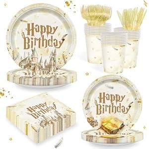 144 PCS Magical Birthday Party Supplies Set Children's Wizard School Themed Party Includes Plates, Napkins, Cups, Knives, and Forks Supplies Tableware Party Decor Set 24Guests