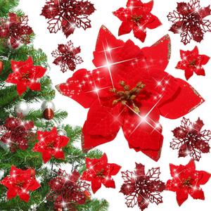 Crowye 30 Pieces 2 Styles Christmas Glitter Poinsettia Flowers Artificial Christmas Flowers Faux Xmas Poinsettia Christmas Tree Ornaments for Xmas Holiday Wedding Wreath Decor (Red)