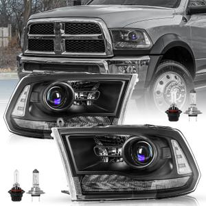 Factory Projector Headlights Assembly Fit for 2013-2018 Dodge Ram 1500 2500 3500, OE Style Replacement Halogen Headlamp with LED DRL Black Housing with Clear Reflector