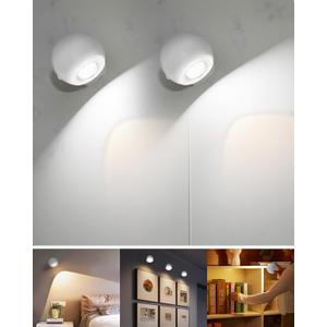Rechargeable Wall Lamp Wireless, Battery Powered USB LED Sconce Wall Lighting with 360 Rotation Magnetic Ball Body (Classic Grey 2-Pack)
