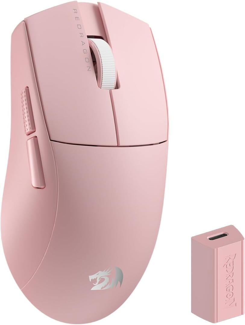 Redragon M916 PRO 3-Mode Wireless Gaming Mouse, Hype-Speed 4K Polling Rate, 49G Ultra-Light 26K DPI Gamer Mouse w/Ergonomic Natural Grip Build, Redefinable Macro Buttons, Software Supported (Pink)