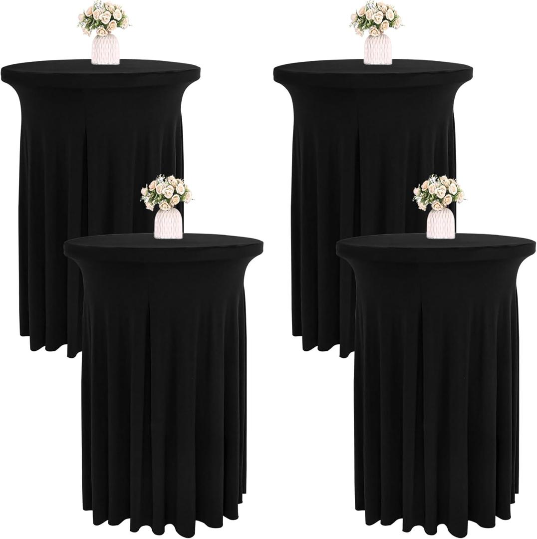 4 Packs 32 x 43 Inch Spandex Round Cocktail Table Skirts with Wavy Drapes Stretch Cocktail Tablecloth Fitted High Top Tables for Wedding Bar Party Banquet (Black)