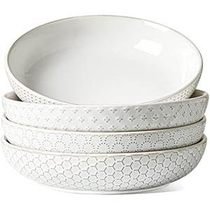 LE TAUCI Pasta Bowls 42oz, Large Salad Bowl, Ceramic Embossment Stoneware Serving Plate for Fruits, Noodle, Dinner, House-warming Wedding Present - 9 Inch, Set of 3, Arctic White