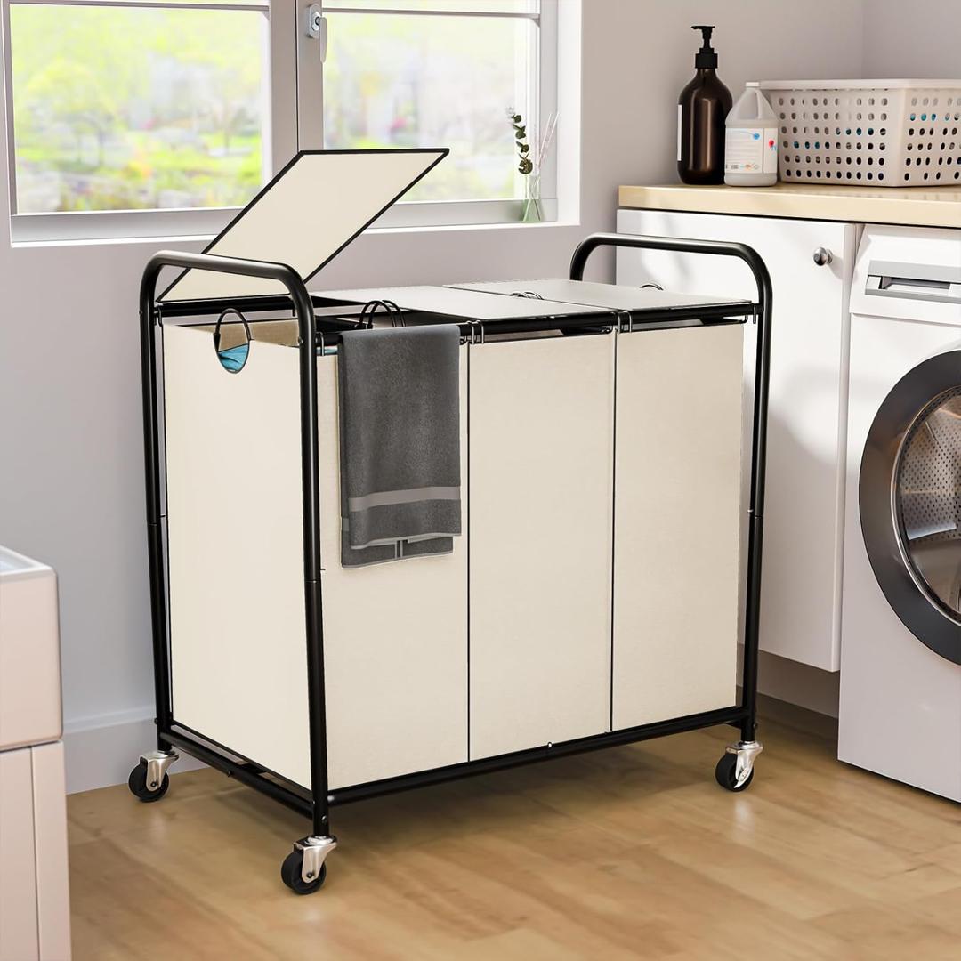 180L (47.55 Gal) Laundry Sorter 3 Section, Rolling Laundry Basket with Lockable Wheels and Lid, Laundry Hamper with 3 Separated Removable Bags Dirty Clothes Hamper for Laundry Room Organizer, White