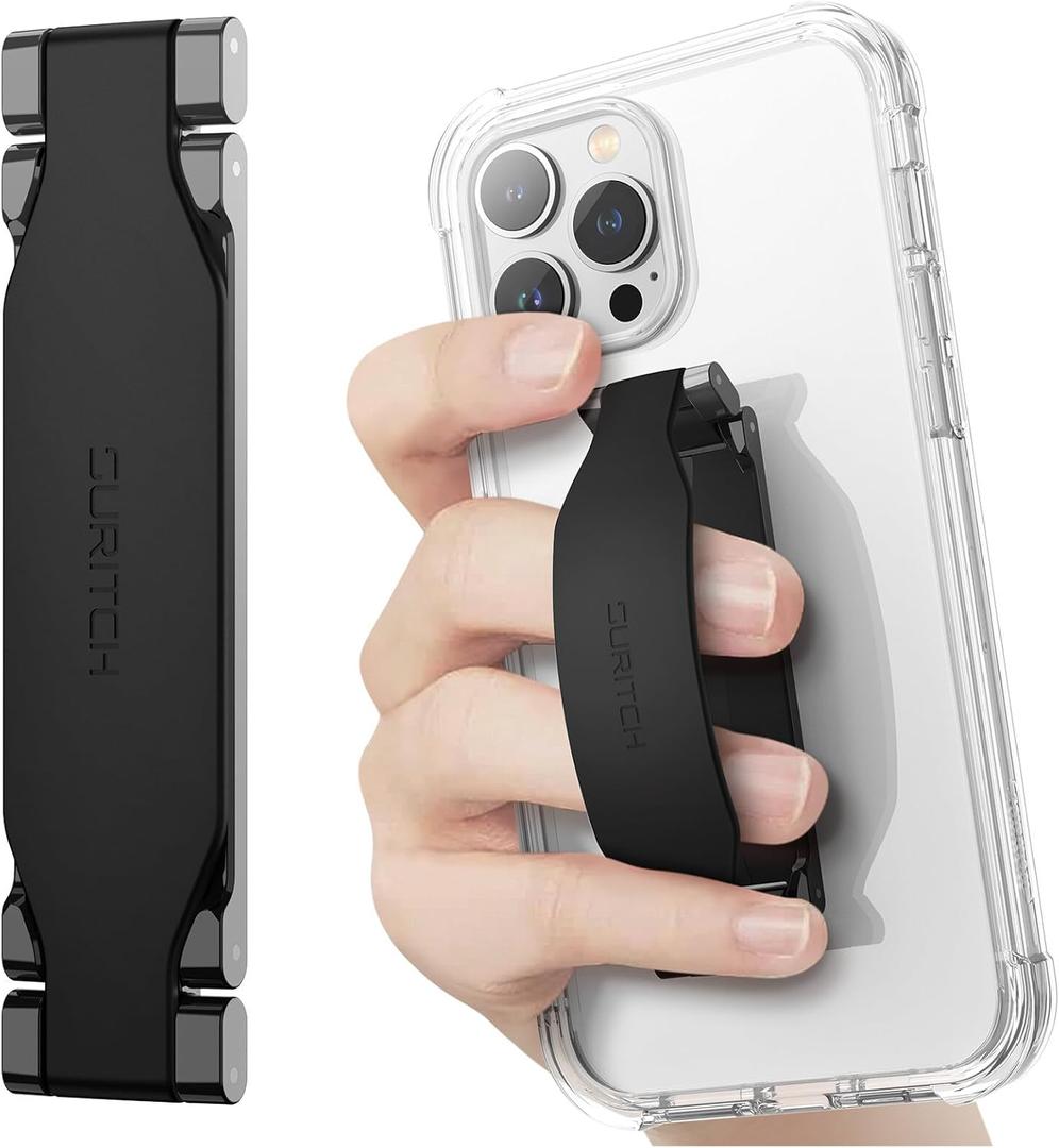 SURITCH Phone Grip Strap Finger Loop Holder for Back of Phone, 2-in-1 Soft Silicone Gripper Kickstand for iPhone Samsung and Most Cell Phone Cases, 3.94" Black (Long)