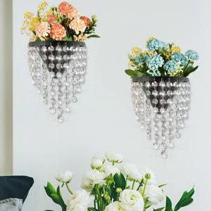 2 Pack Metal Flower Vase for Wall Crystal Vase Decor Hanging Decoration Floral Holder for Home Office Living Room Bedroom Bathroom (Black) (7"L x 5"H x 4"W)