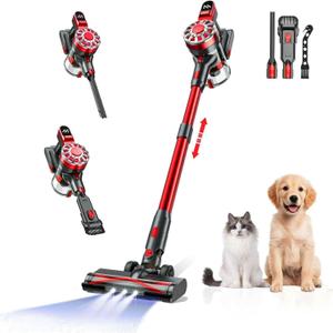 Cordless Vacuum Cleaner,Vacuum Cleaners for Home with Super Suction,Lightweight Stick Vacuum with 35 Mins Runtime,Rechargeable Cordless Vacuum for Carpet, Tile, Pet Hair, Hardwood Floors(Red Black)