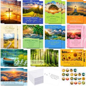 Gersoniel 24 Pack Religious Christian Birthday Cards Bulk with Scripture Bible Verse Christian Blessings 4.5 x 6.2 inch Religious Birthday Cards with Envelopes and Stickers(Landscape Style)