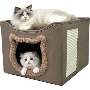 Cat Beds for Indoor Cats, Large Cat Houses with Cozy Condo,with Premium Tech Fabric& Scratch Pad, Round Window, Foldable Indoor Cat House Hold Up to 30LBS, with Reversible Cushion for Multi Small Pet (M(16.1"D x 16.1"W x 13"H, Brown))