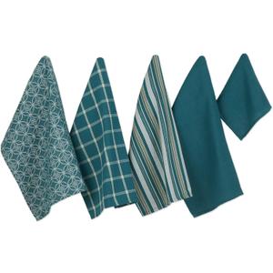 DII Assorted Woven Kitchen Set, Dishtowel, 18x28, Dishcloth, 13x13, Teal, 5 Piece