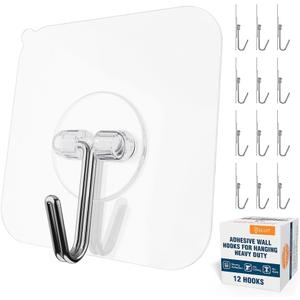 GLUIT Adhesive Wall Hooks for Hanging Heavy Duty 22 lbs Hooks for Walls No Damage, Towel Sticky Clear Hook, Waterproof, Home, Bathroom, Kitchen, Office, and Outdoor 12 Pack (Medium, 12 pcs)