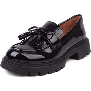 British Style Women's Fashion Loafers, Patent Leather Tassel Loafers, Black Thick-Soled Loafers, Slip-on Thick-Soled Loafers, Simple Casual Flat Shoes, Plus Size Shoes (8.5)