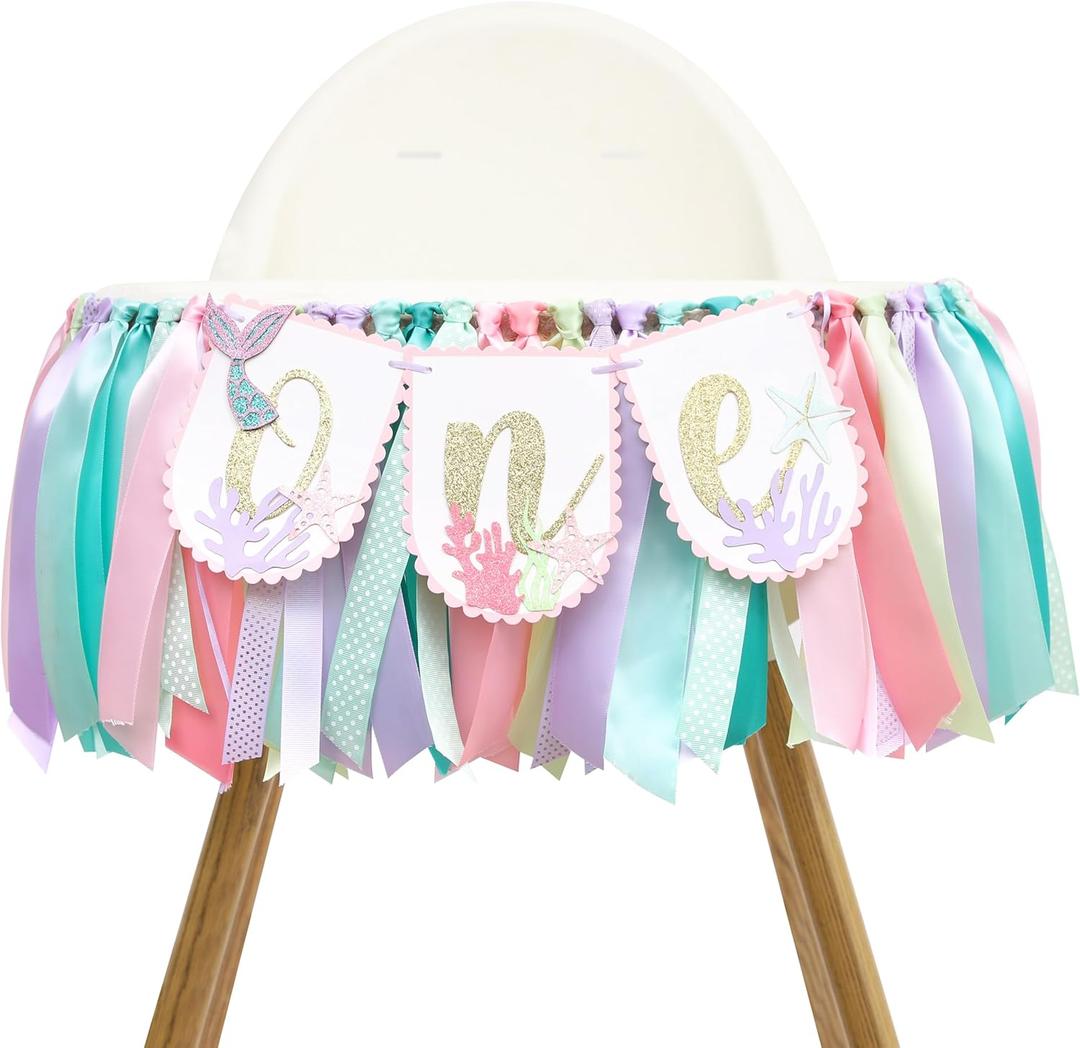 Mermaid One High Chair Banner for Baby Girl's - Under the Sea Ocean Theme Party Supplies, Reusable First/1st Birthday & Baby Shower Decoration, Mermaid-Themed Celebration