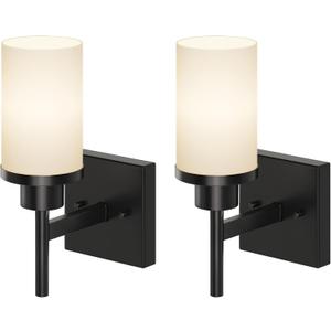 Wall Light Fixtures Matte Black Bathroom Vanity Lights Over Mirror with White Frosted Glass Shade, Wall Lamps for Porch Entrance, 2 Pack T001MB-L1-P2