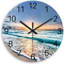 Blue Beach Wall Clock for Kitchen 14 Inch Round Coastal Clocks for Walls Analog Glass Wall Clock Non Ticking