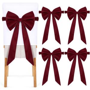 Newwiee Set of 4 Christmas Burgundy Velvet Chair Sashes, Sashes Chair Bows Tie Back for Christmas Banquet Home Wedding Events Banquets Party Decoration 11.8 x 29.5 Inch