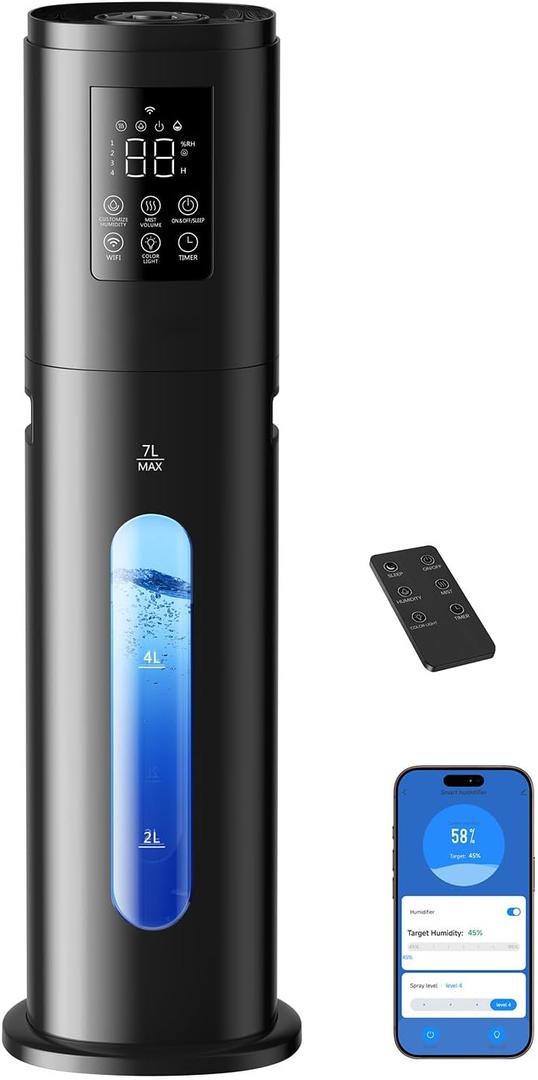 Humidifiers for Bedroom Large Room, 7L/1.85Gal Quiet Humidifiers with 350ML/H Large Mist Speed,Smart App & Remote Control, Cool Mist Humidifier for Baby & Home (Black)