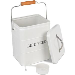 DEAYOU Pet Food Storage Tin with Lid, Metal Bird Seed and Feed Container with Serving Scoop, Treats Storage Canister Bin Can for Dogs, Cats Food, Coated Carbon Steel, Tight Fitting Lid, White, 5-6 Lbs