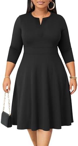 Runwind Plus Size Midi Dress for Women Cocktail Casual Church 3/4 Sleeve V Neck Work A-Line Dresses with Pockets XXL Runwind Plus Size Midi Dress for Women Cocktail Casual Church 3/4 Sleeve V Neck Work A-Line Dresses with Pockets XXL