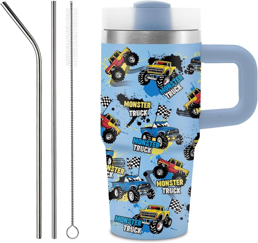 14 oz Monster Truck Tumbler with Handle and Straw for Kids, Insulated Stainless Steel Travel Mug for Boys, Double Wall Vacuum Reusable Cup, Birthday Gifts for Boys
