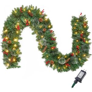 Joiedomi 9FT Christmas Garland Prelit with 50 Count String Lights, Bristle, Pine Cones, Holly Berries for Outdoor & Indoor Winter Christmas and Holidays Decorations, Plug in Lighted Pine Garland