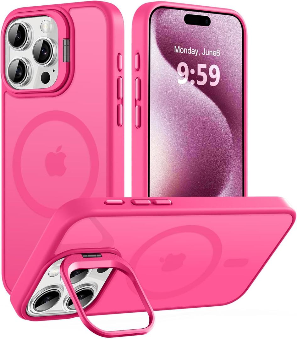 Magnetic Case for iPhone 15 Pro Max with Kickstand, Compatible with Magsafe, Built-in Camera Stash Stand, Military Protection, Skin Feeling Phone Case for iPhone 15 Pro Max, Hot Pink