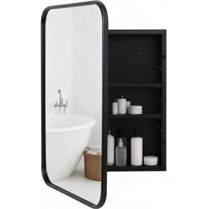 Brushed Metal Medicine Cabinet, Rounded Rectangle Bathroom Mirror with Storage, 2 Adjustable Shelves, Recessed or Surface Mount Mounting, Reversible Door (Brushed Black, 16x24)