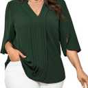 SCOMCHIC Women's Plus Size Blouses 3/4 Sleeve Dressy Tunic Tops Casual Loose V Neck Pleated Shirts (X-Large Plus, Emerald Green)