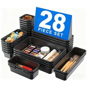 A-LuGei【1𝟮𝗣𝗖𝗦 Plastic Black Desk Drawer Organizer Tray Divider Set, Makeup Organization and Storage Bin Container for Office Utensils Bathroom Kitchen Bedroom Gadget Tool Pantry Cosmetic Jewelry