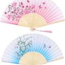 Bantoye 2 Pieces Handheld Fans Silk Folding Fans with Bamboo Frames for Dancing Cosplay Wedding Party Props Decoration, Pink Blue, Floral
