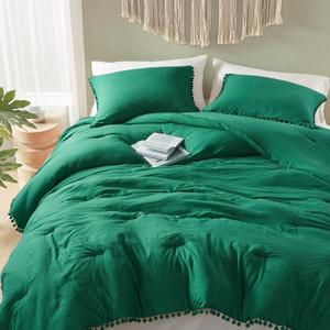 Codi Emerald Green King Comforter Set - Boho Chic Bedding with Elegant Pom Fringe, Soft Washed Microfiber 3pc Luxury Set, Lightweight & Breathable for Master Bedroom, 1 Comforter & 2 Pillow Shams