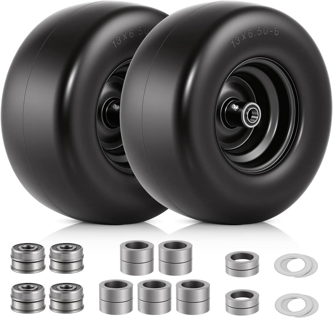 2 PCS 136.50-6 Flat Free Lawn Mower Tires and Wheel, Solid Smooth Tread Tire, 13x6.50-6 Zero Turn Mower Front Tires for Commercial Garden Lawn, with 3/4" & 5/8" Bearings, 4"- 8.2" Centered Hub
