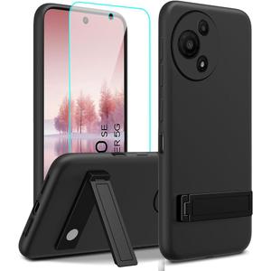Compatible for TCL 60 SE 60SE 5G Phone Case with Glass Screen Protector, [3 Stand Ways] Metal Kickstand / Stand Silicone TPU Slim Fit Protective Cover Case for TCL 60 SE TCL 60SE 5G 2025 - Black
