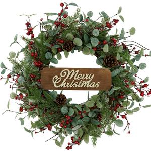 Christmas Wreaths for Front Door,Artificial Christmas Wreath with Sparkling Leaves and Pine Needles are paired with Plump Pine and red Berries,Wreath for Indoor Wall Window Decor.