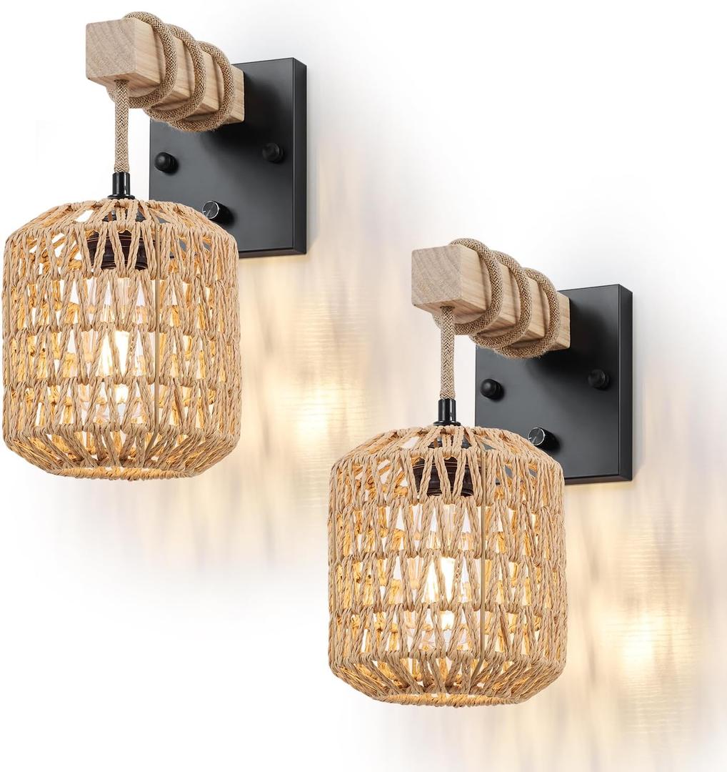 Rattan Boho Wall Sconces Set of Two, Hardwired Hand-Woven Farmhouse Wall Lamps with Wooden Arm & On/Off Dimmable Switch,Large Rustic Indoor Wall Mount Light Fixtures for Bedroom Nursery Bathroom (2 Pack)
