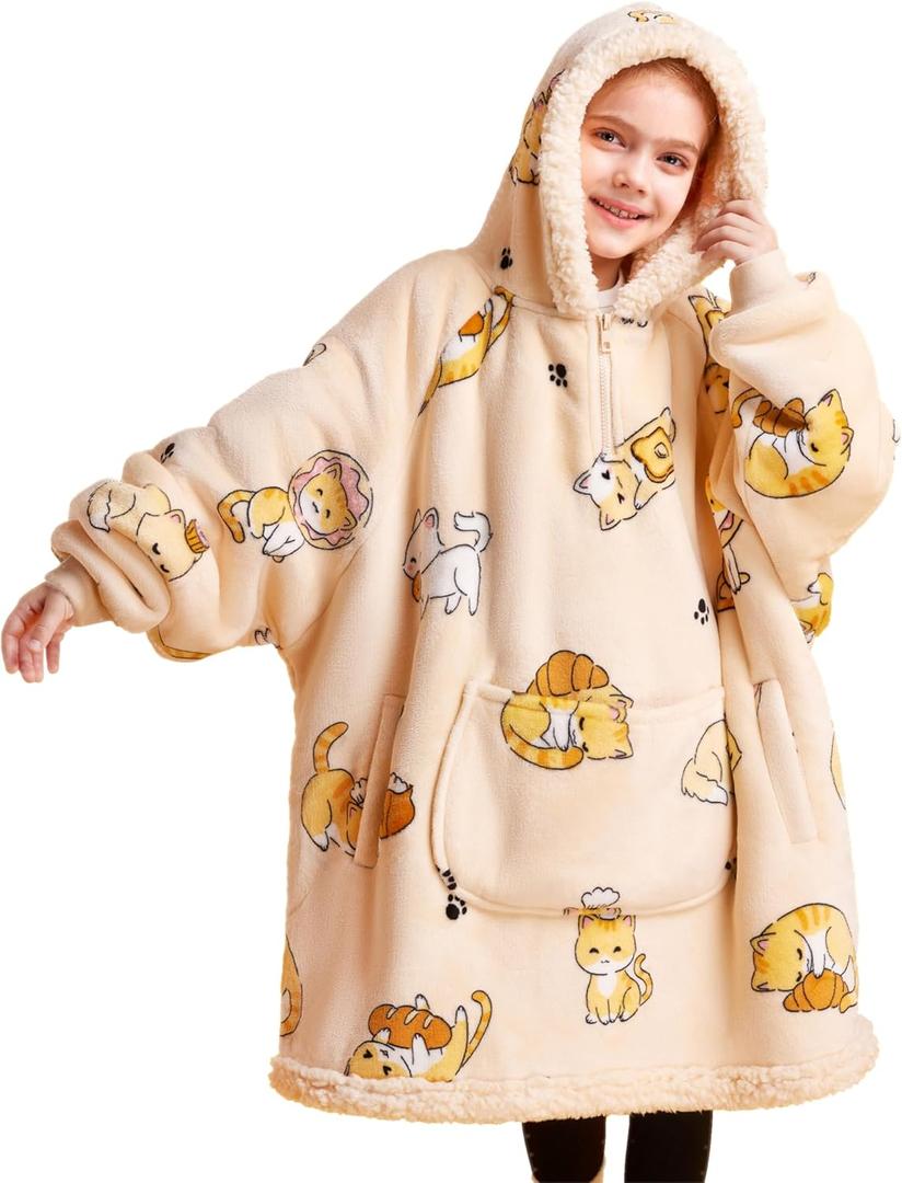 Giggling Getup Wearable Blanket Hoodie for Girls and Boys Warm Cozy Sherpa Fleece Hooded Blanket Sweatshirt Oversized Hoodie with Giant Pocket & Sleeves for Kids Cat