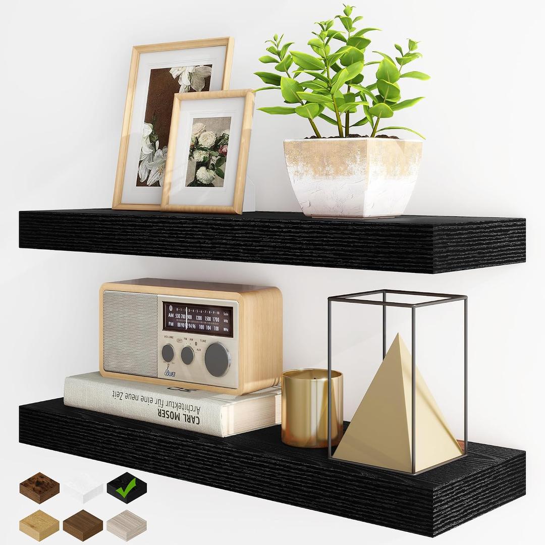 Fun Memories Floating Shelves for Wall, 24Inch Floating Shelves Set of 2, Hanging Shelf with Invisible Brackets, Wood Shelves for Living Room, Bedroom, Black