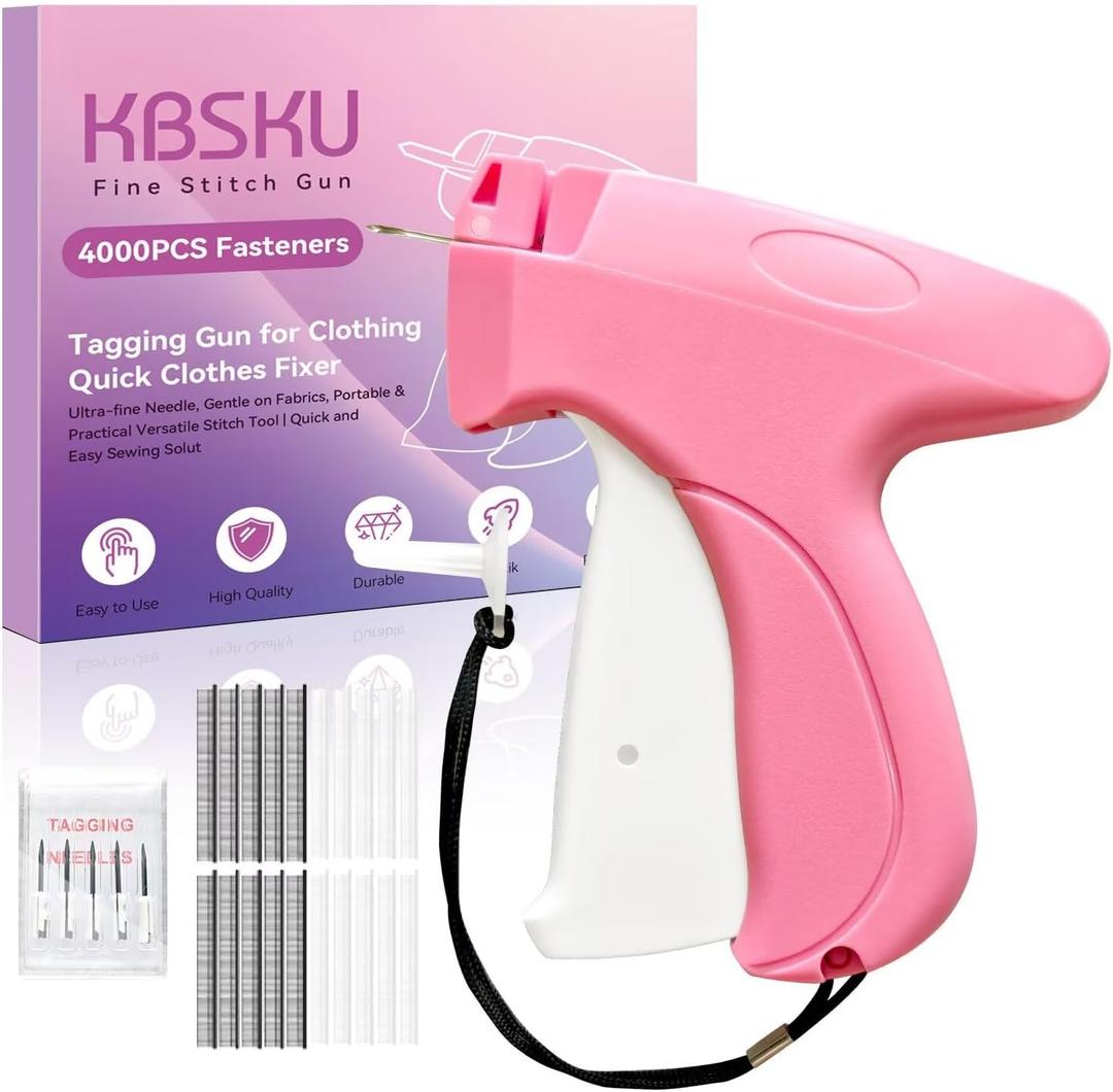 KBSKU Upgraded Stitch Gun for Clothes - Tagging Gun for Quick Clothing Fixer Tool with 6 fine Needles/2000 Black & 2000 White Fasteners, Handy Stitch Kit for Clothing, Label Tags & DIY Crafts (Pink)