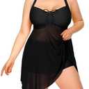 Daci Plus Size Two Piece Swim Dress with Shorts for Women Mesh Swimsuits Flowy Bathing Suits 22W
