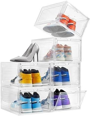 Attelite Shoe Box Organizer,Set of 8,Stackable Plastic Shoe Box with Clear Door, Shoe Storage Box Containers,For Display Sneakers,Easy Assembly,Fit up to US Size 12(13.4”x 10.6”x 7.4”)