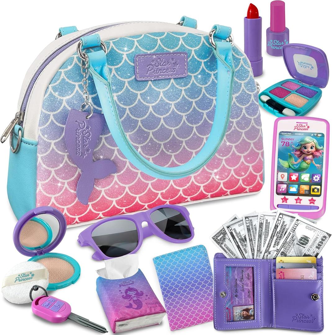 Play Purse for Little Girls and Toddlers - Mermaid Purse Toys for Kids Pretend Play Accessories: Phone, Wallet, Credit Cards, Keys, Pretend Makeup Mermaid Gift for Girl Age 3 4 5 6 7 8 Years and Up