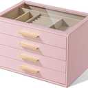 pickpiff Jewelry Box Organizer Case for Women: 4-Layer Jewelry Storage Case with Glass Window, Pink Leather with Velvet Holder for Ring Necklace Bracelet Brooch Watch, Great Gift for Her