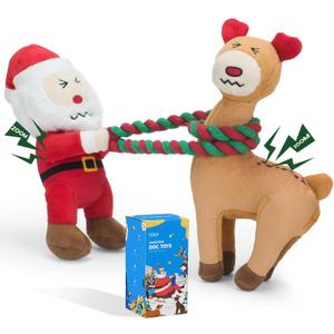 UNISE Christmas Dog Toys, 2 Pack Squeaky Dog Toys, Stuffed Dog Toys for Large Medium Small Dogs, Dog Christmas Toys with Detachable Rope, Crinkle Dog Toys to Keep Them Busy - Santa Claus & Reindeer