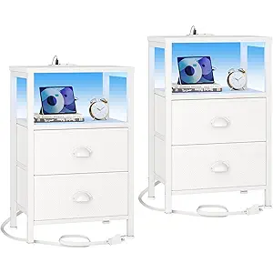Furologee Nightstands Set of 2, End Tables Set of 2 with Charging Station and LED Lights, White Night Stands with 2 Fabric Drawers, Bedside Tables for Living Room/Bedroom