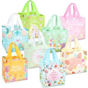 8PCS Happy Easter Egg Hunt Bags Easter Bunny Carrot Chick Egg Gift Bags with Handles, Easter Treat Bags, Easter Party Supplies , 8.37.95.9inch (Orange Pink Blue Green)