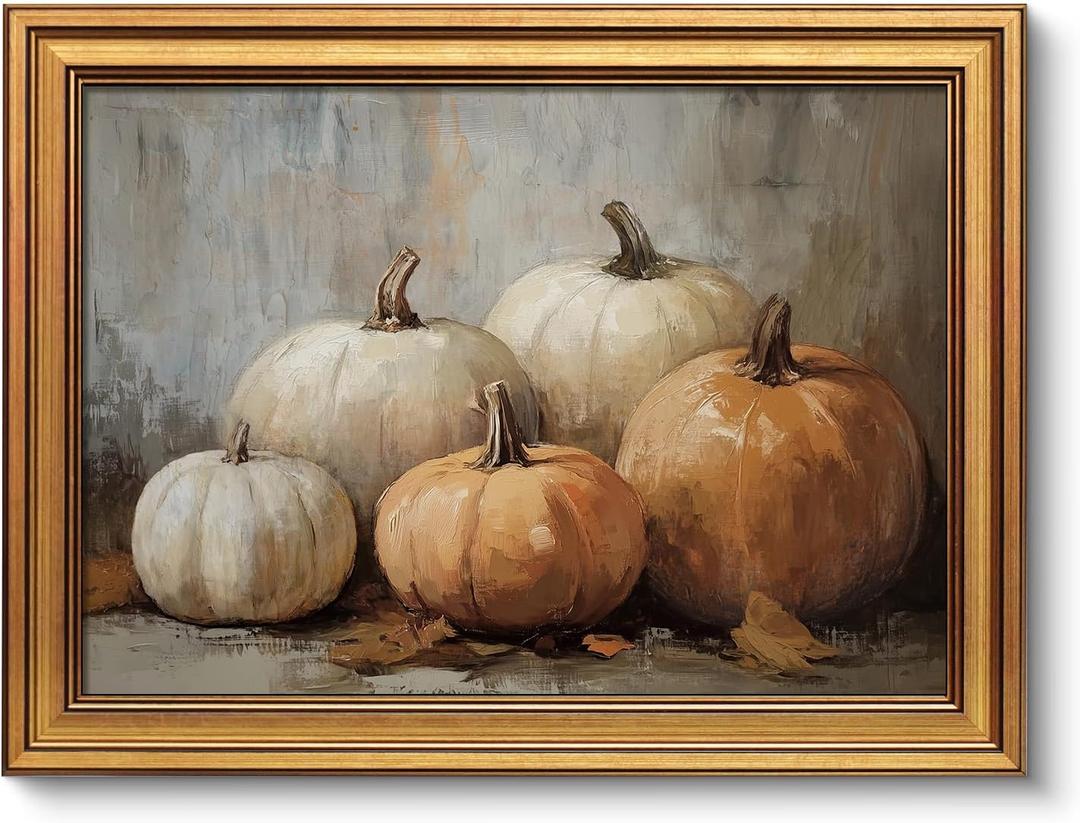 VIYYIEA Vintage Gold Framed Wall Art for Living Room, Pumpkins Canvas Prints Home Decor, Oil Painting Picture, Bedroom Wall Decor Gifts for Friends or Family -Five Pumpkins -(16L x 12W)